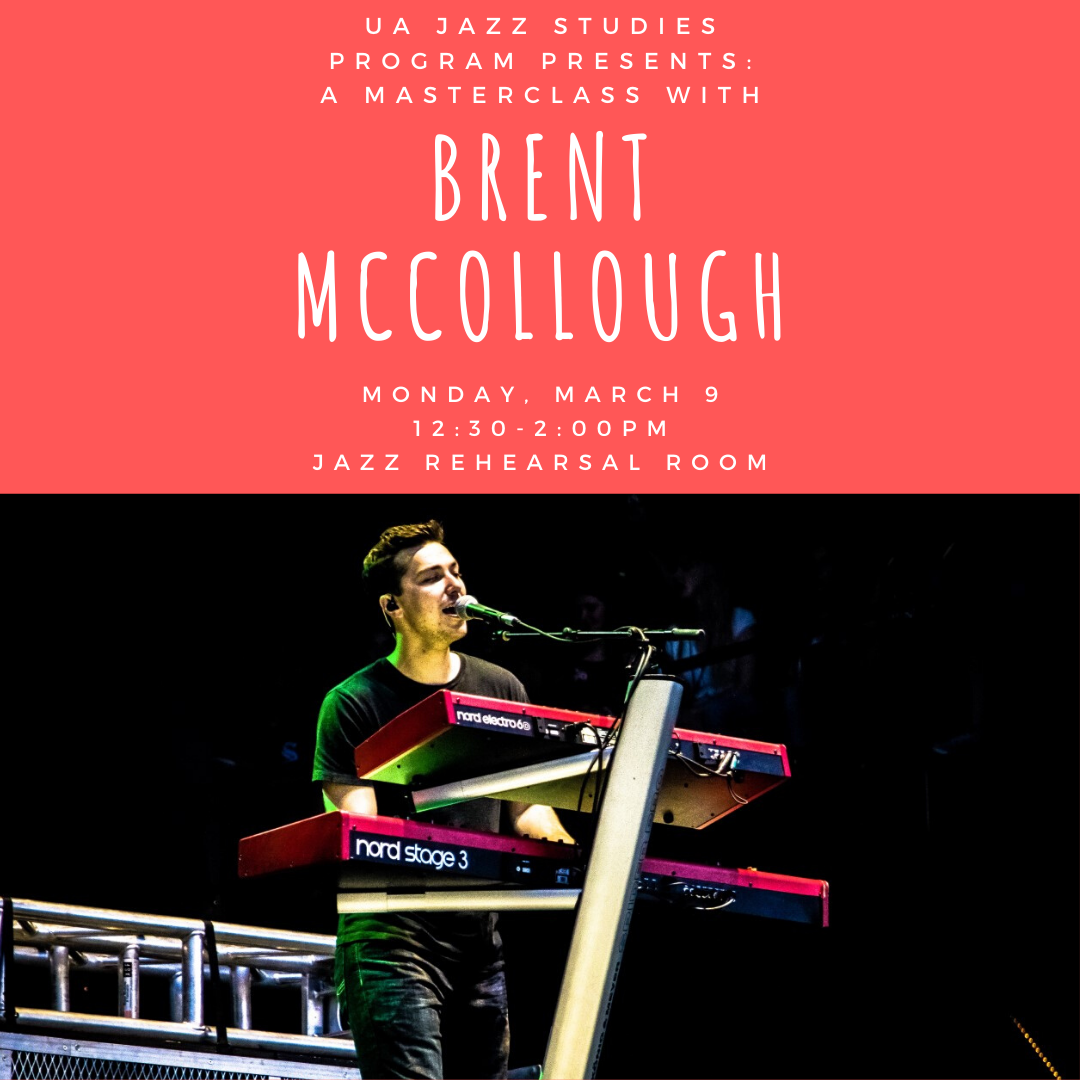 promotional graphic for a masterclass with Brent McCollough, Monday, March 9, 2020