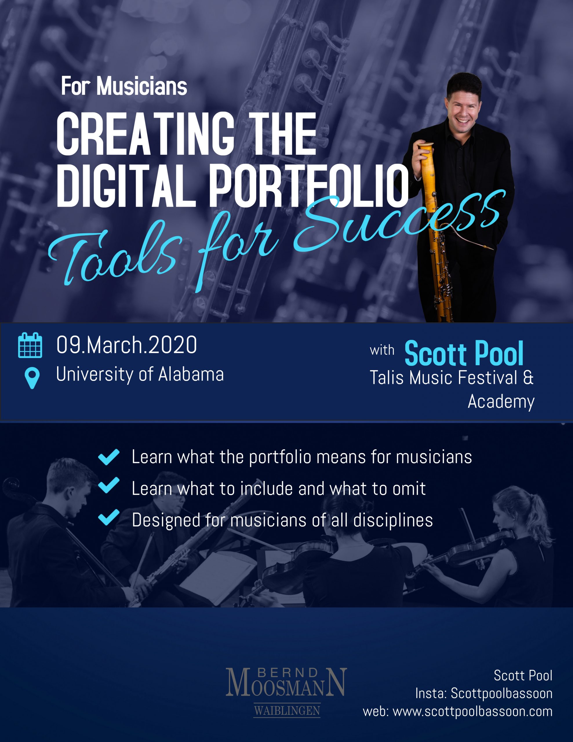 Flyer for a workshop titled "Creating the Digital Portfolio For Musicians: Tools for Success"