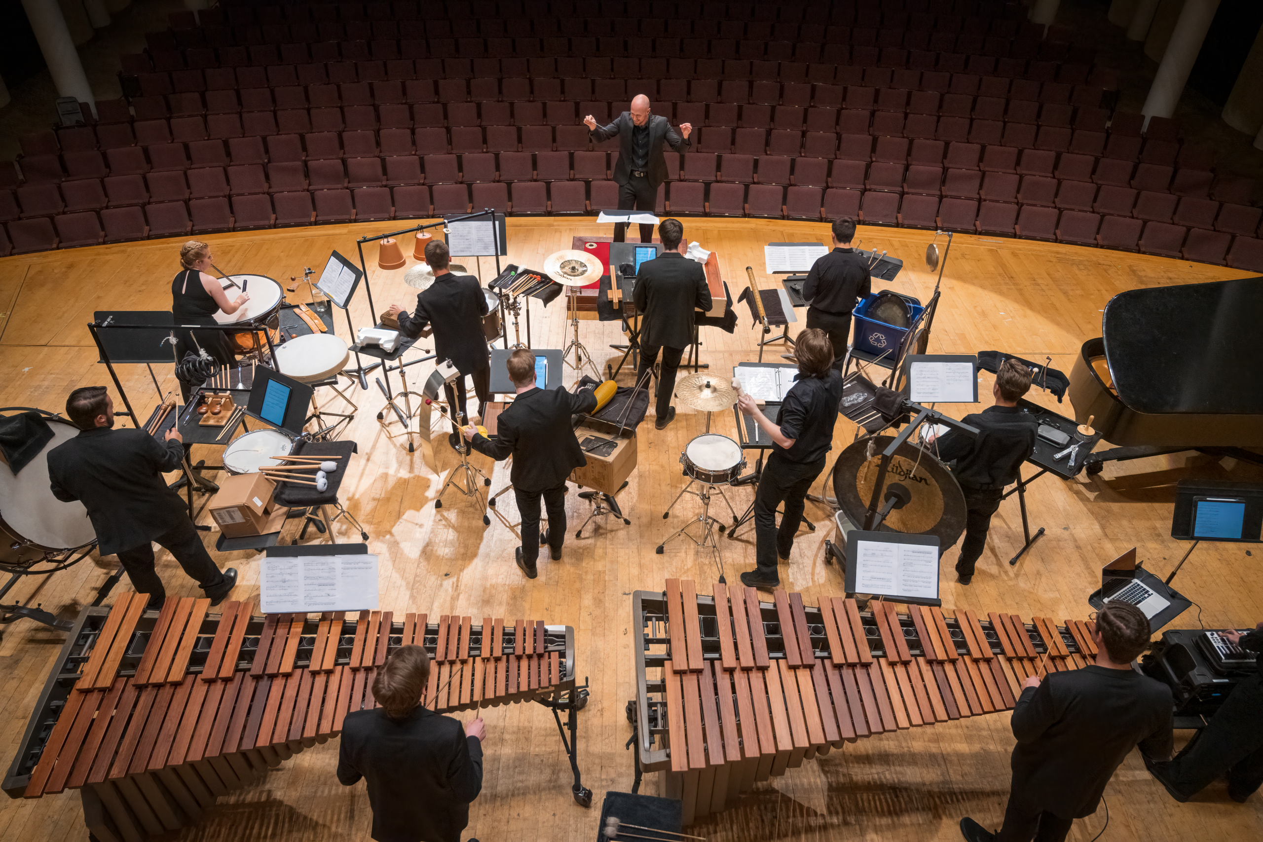 Percussion Ensemble rehearsing on stage